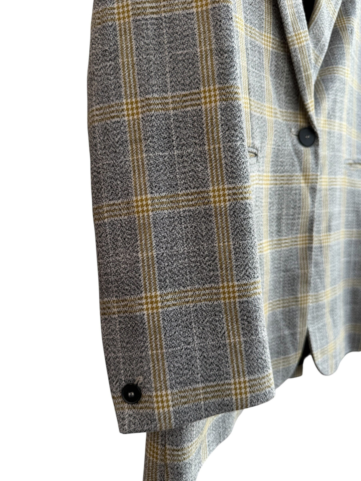 Retrend grey and yellow plaid structured blazer with a tailored collar and single button closure. Size 36.