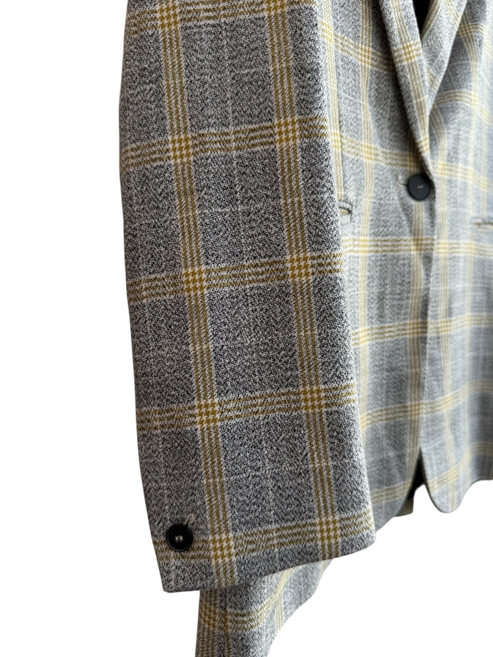 Retrend grey and yellow plaid structured blazer with a tailored collar and single button closure. Size 36.