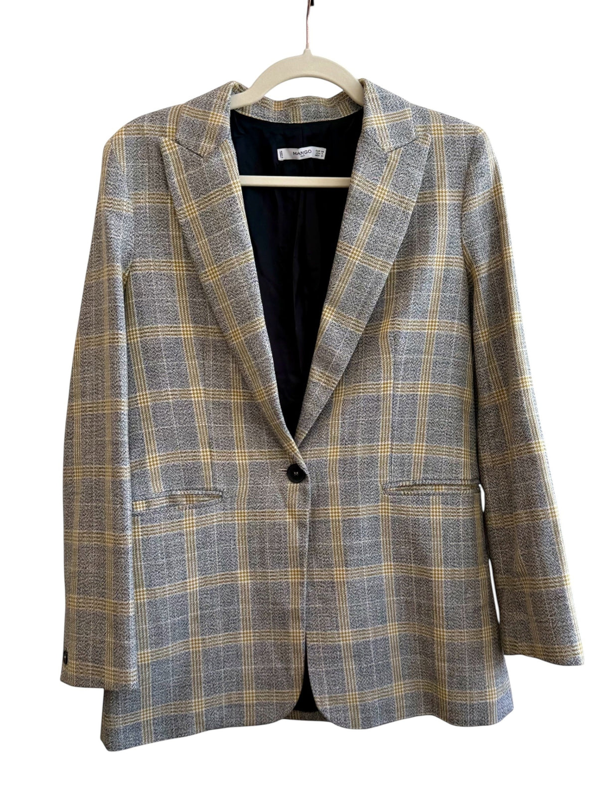 ReTrend grey and yellow plaid structured blazer with tailored collar and single button closure. Size 36.
