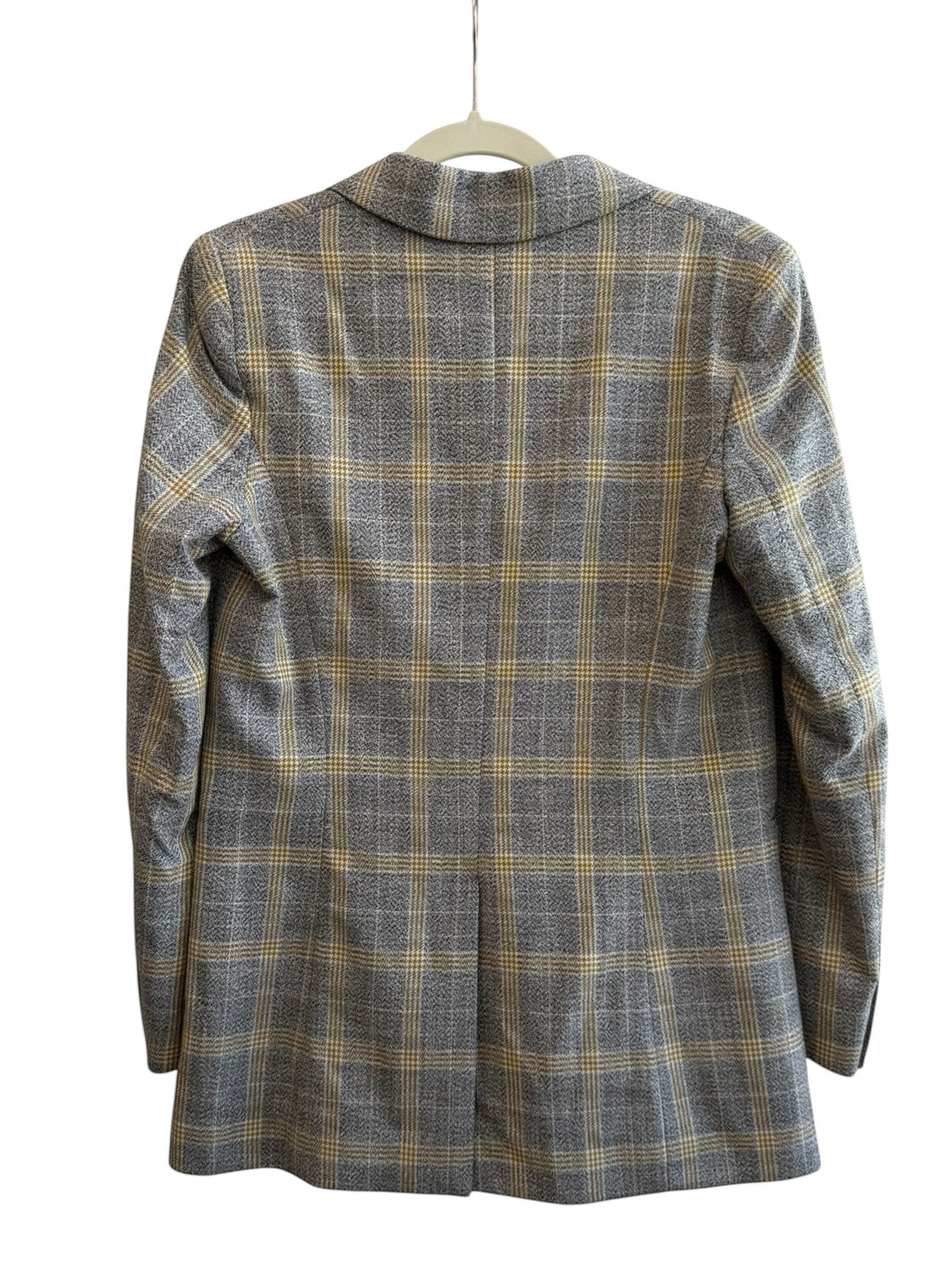 ReTrend grey and yellow plaid structured blazer, size 36, with tailored collar and single button closure.
