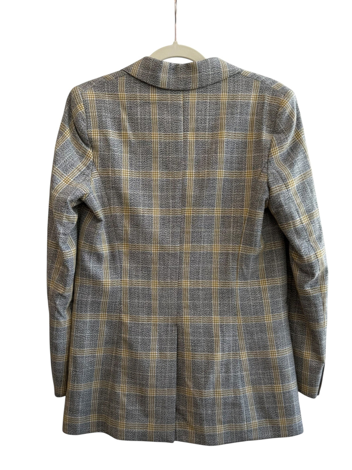 ReTrend grey and yellow plaid structured blazer, size 36, with tailored collar and single button closure.