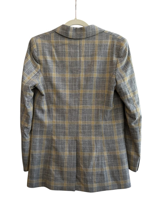 ReTrend grey and yellow plaid structured blazer, size 36, with tailored collar and single button closure.