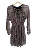 ReTrend Haily's black floral print chiffon dress with ruffled collar, tie neck, elasticated waist, and long sleeves. Size S.