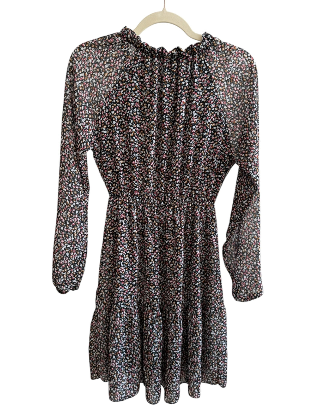 ReTrend Haily's black floral print mini dress with ruffled collar and tie, size S. Flowy, feminine, bohemian style.