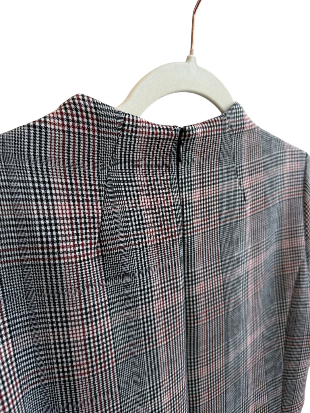 ReTrend H&amp;M grey, black, and red Prince of Wales check dress with short sleeves and mock neck, size 38.