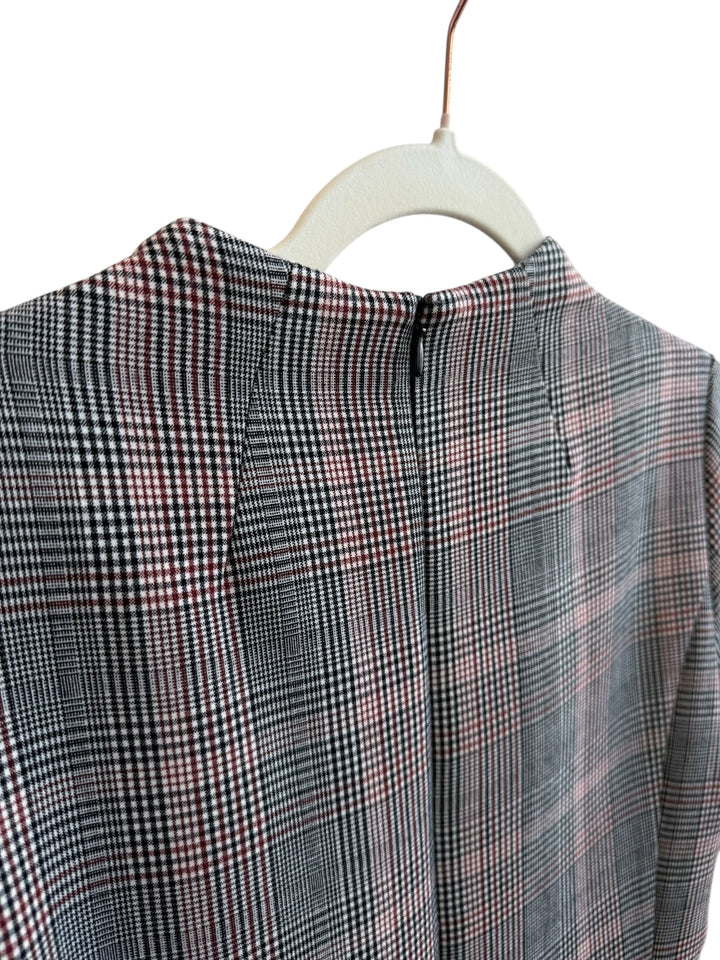 ReTrend H&amp;M grey, black, and red Prince of Wales check dress with short sleeves and mock neck, size 38.