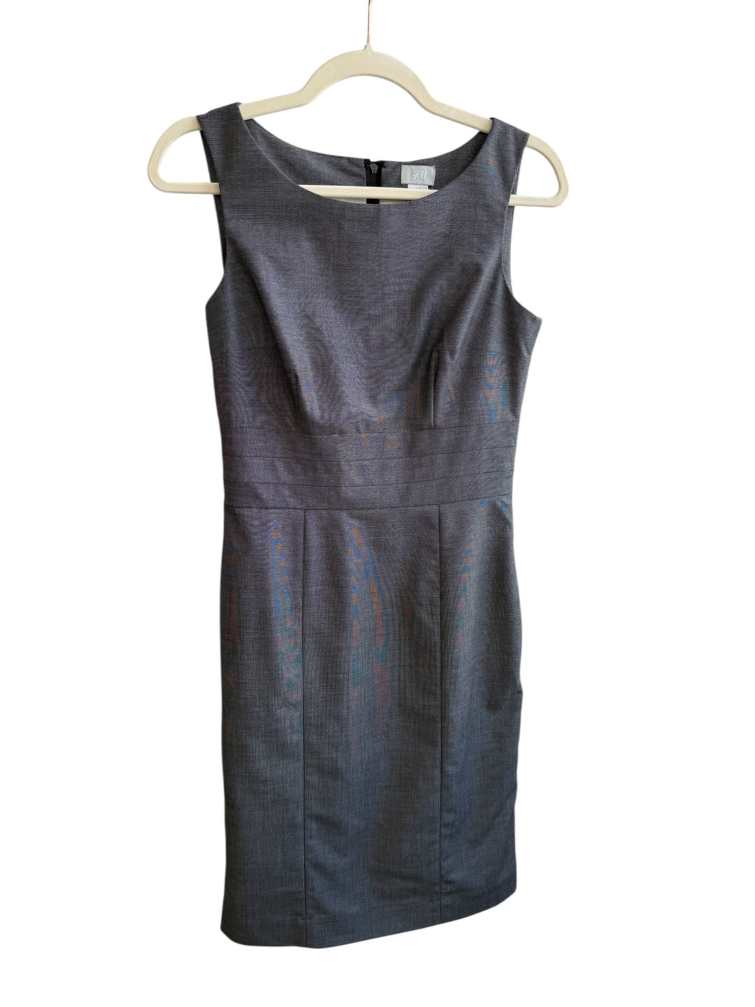 ReTrend H&M grey heathered sheath dress, size 36. Elegant, structured fit with back zip, ideal for office or minimalist formal wear.