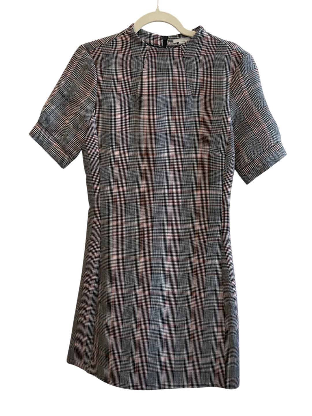 ReTrend H&M grey, black, and red plaid sheath dress with short sleeves and mock neck, size 38.