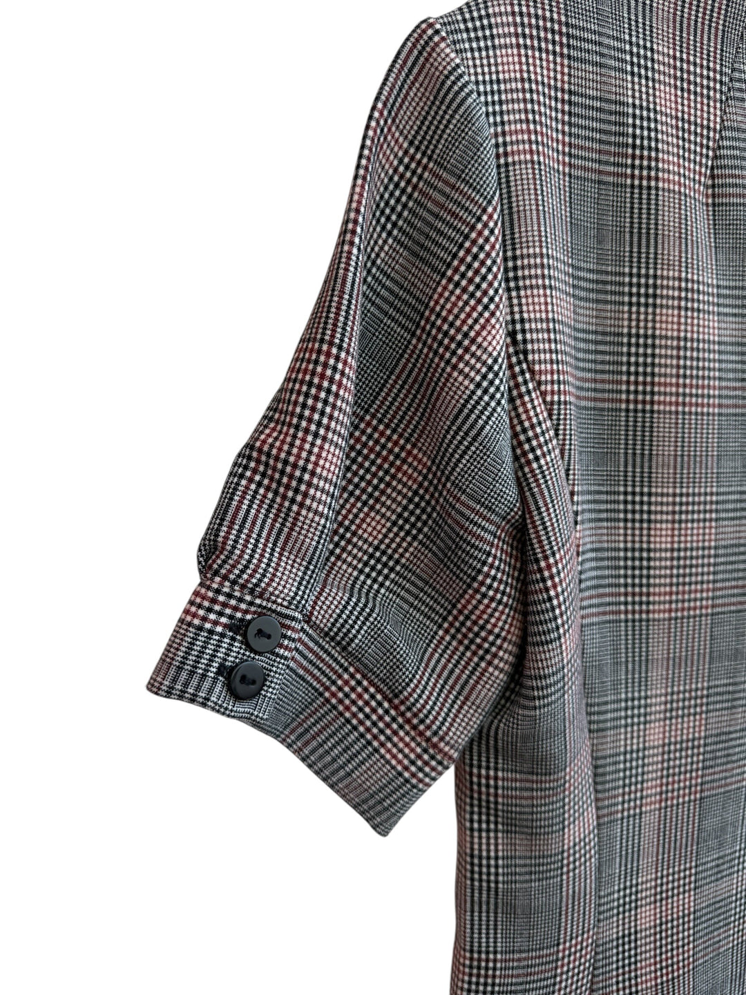 ReTrend H&amp;M grey, black, and red Prince of Wales check dress, size 38. Features short sleeves, a high neck, and button details.