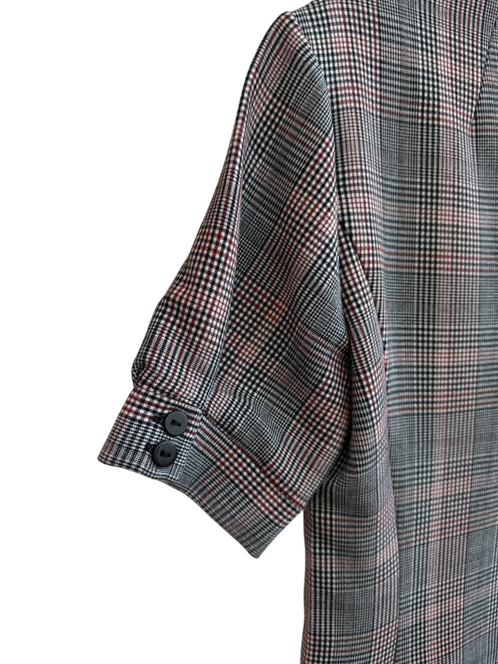 ReTrend H&amp;M grey, black, and red Prince of Wales check dress, size 38. Features short sleeves, a high neck, and button details.