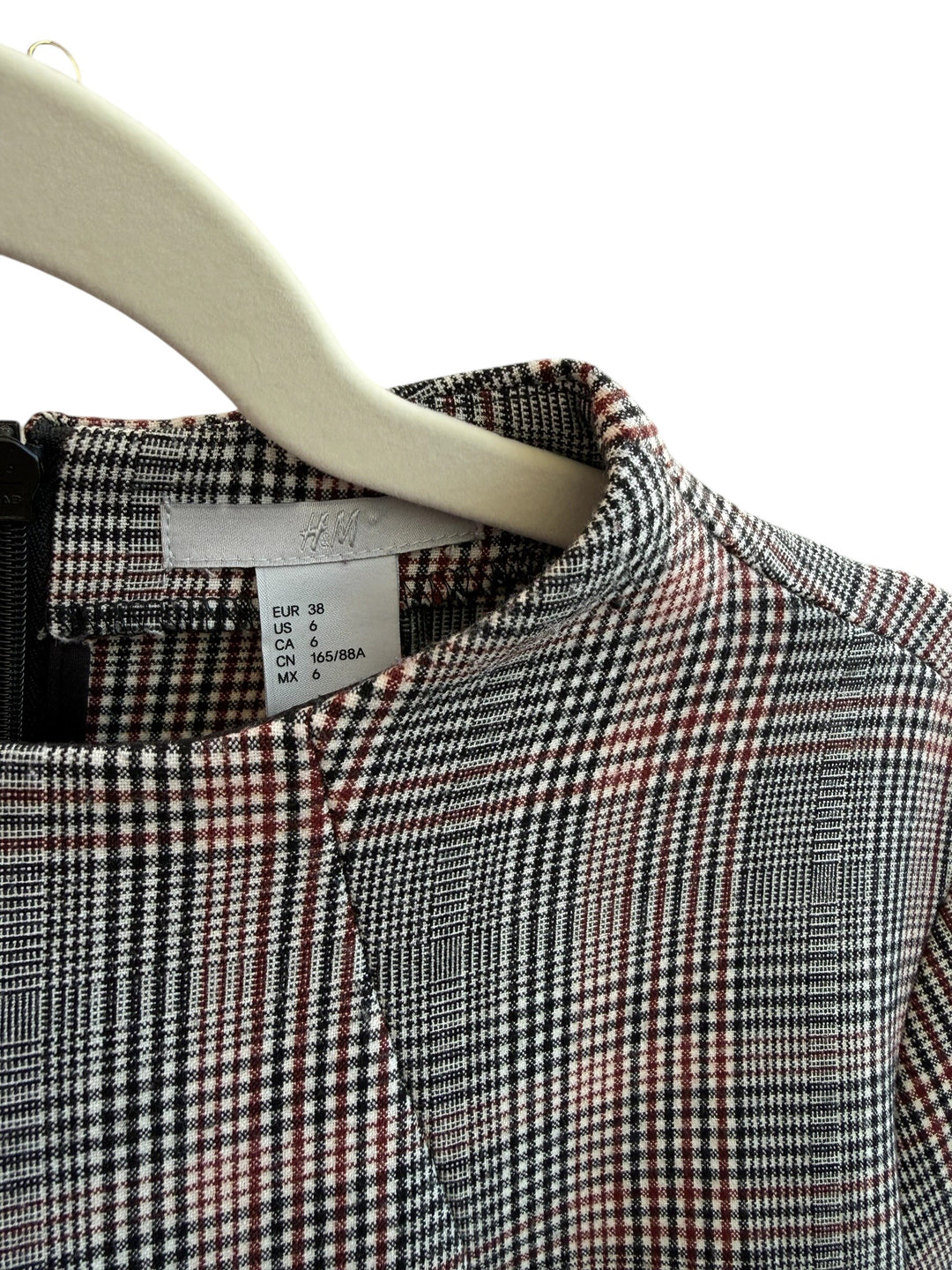 ReTrend H&amp;M grey, black, and red Prince of Wales check dress, size 38. Features short sleeves, high neck, and zip back.