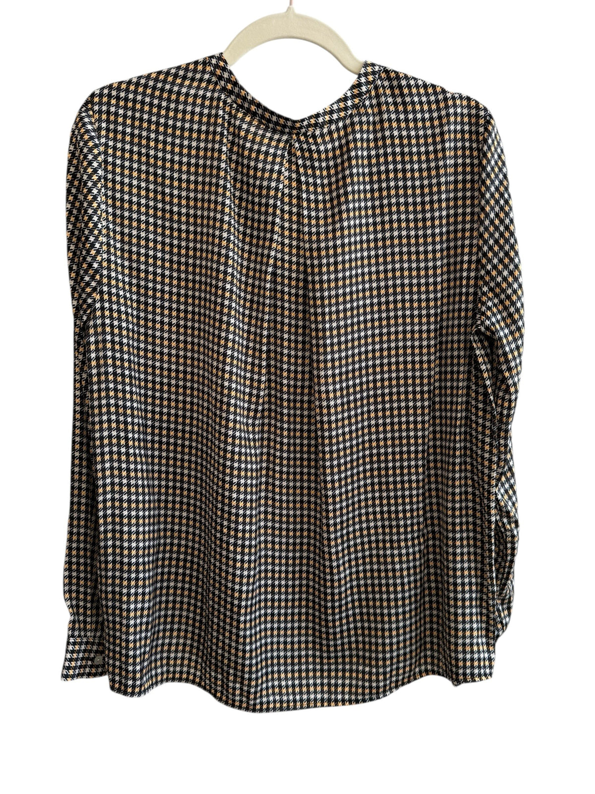 ReTrend black, beige, and camel houndstooth print fluid blouse with tunic collar and long sleeves.
