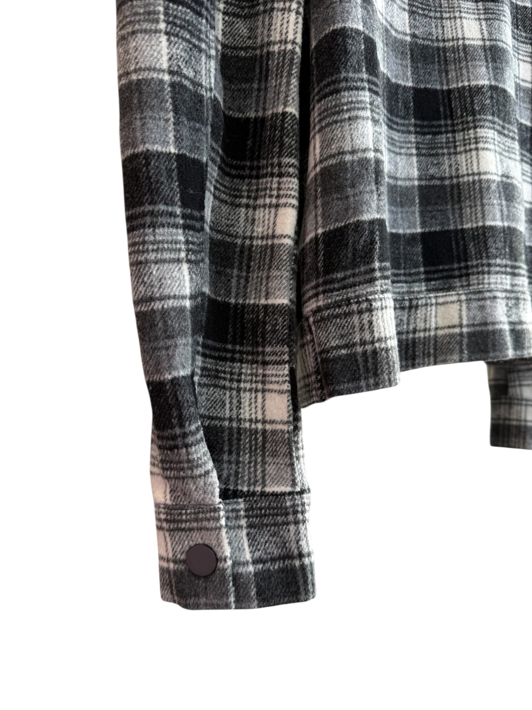 ReTrend Kilibbi black, grey, and ecru plaid overshirt with snap buttons and chest pockets. Size S.