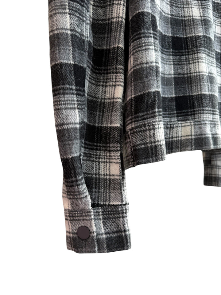 ReTrend Kilibbi black, grey, and ecru plaid overshirt with snap buttons and chest pockets. Size S.