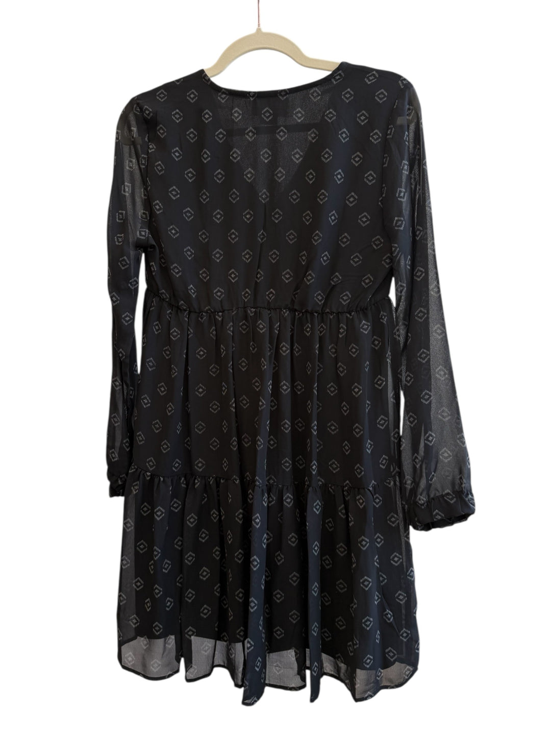 Retrend La City black sheer geometric print dress with empire waist and tiered hem, size 36.