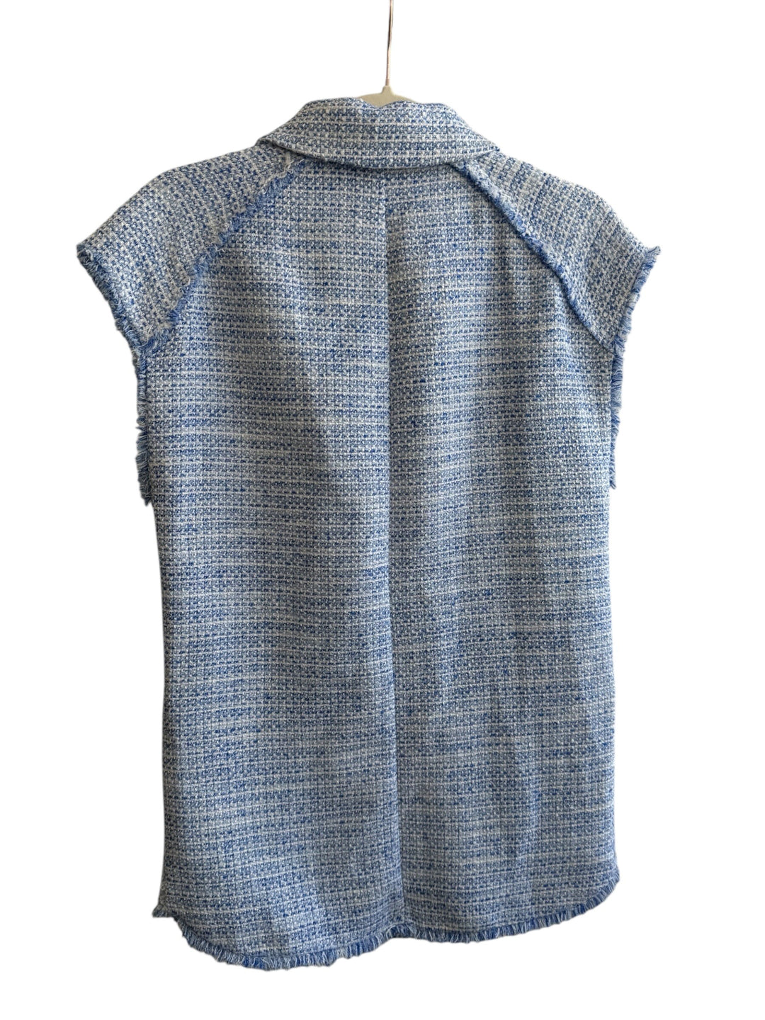 ReTrend light blue tweed sleeveless blazer with gold buttons and frayed hem, size M.