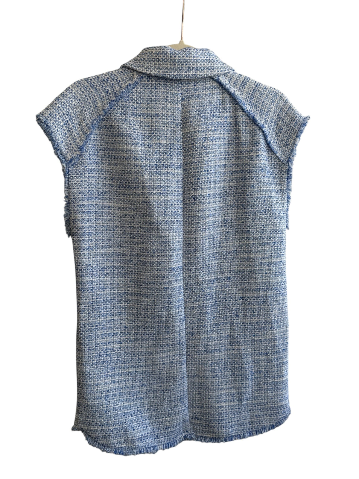 ReTrend light blue tweed sleeveless blazer with gold buttons and frayed hem, size M.