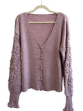 ReTrend lilac knit cardigan with V-neck, textured sleeves, and button front. Acrylic, size L/XL.