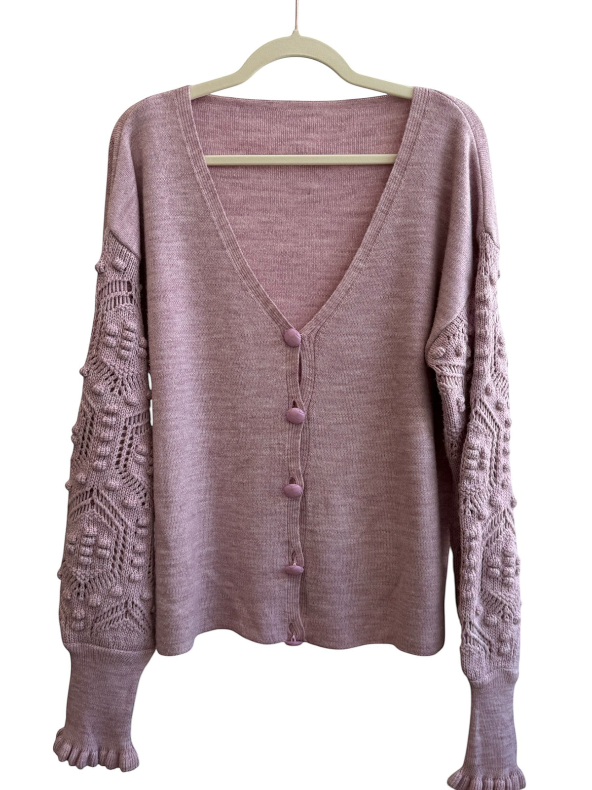 ReTrend lilac knit cardigan with V-neck, textured sleeves, and button front. Acrylic, size L/XL.