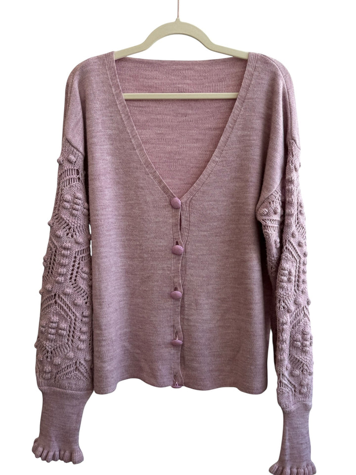 ReTrend lilac knit cardigan with V-neck, textured sleeves, and button front. Acrylic, size L/XL.