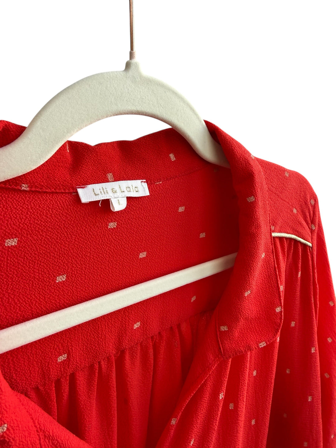 Retrend Lili &amp; Lala red fluid dress size L with gold square pattern and gold trim detail.