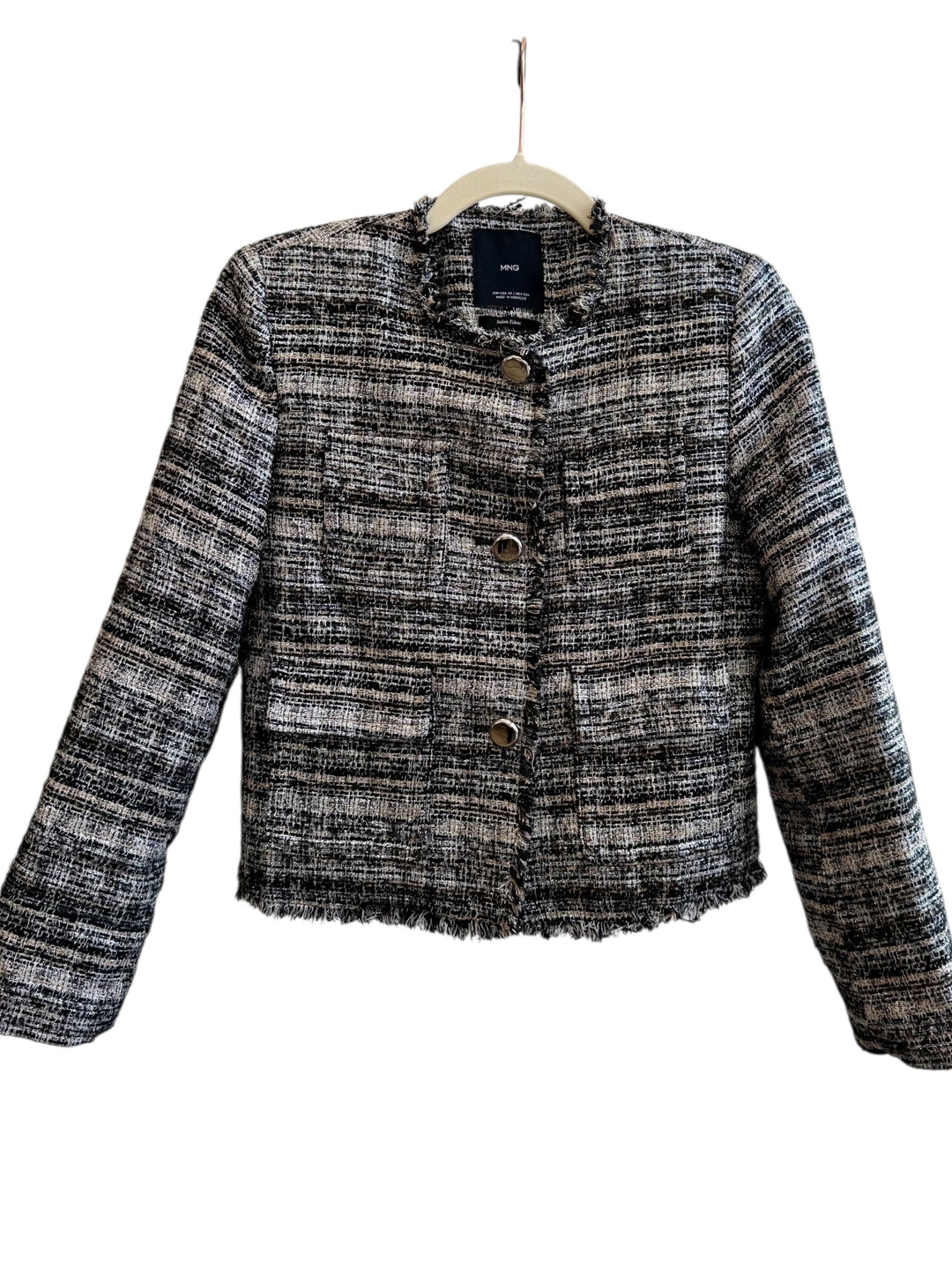Retrend Mango black and beige tweed jacket, size XS, with frayed edges and metallic buttons. Short, structured cut.