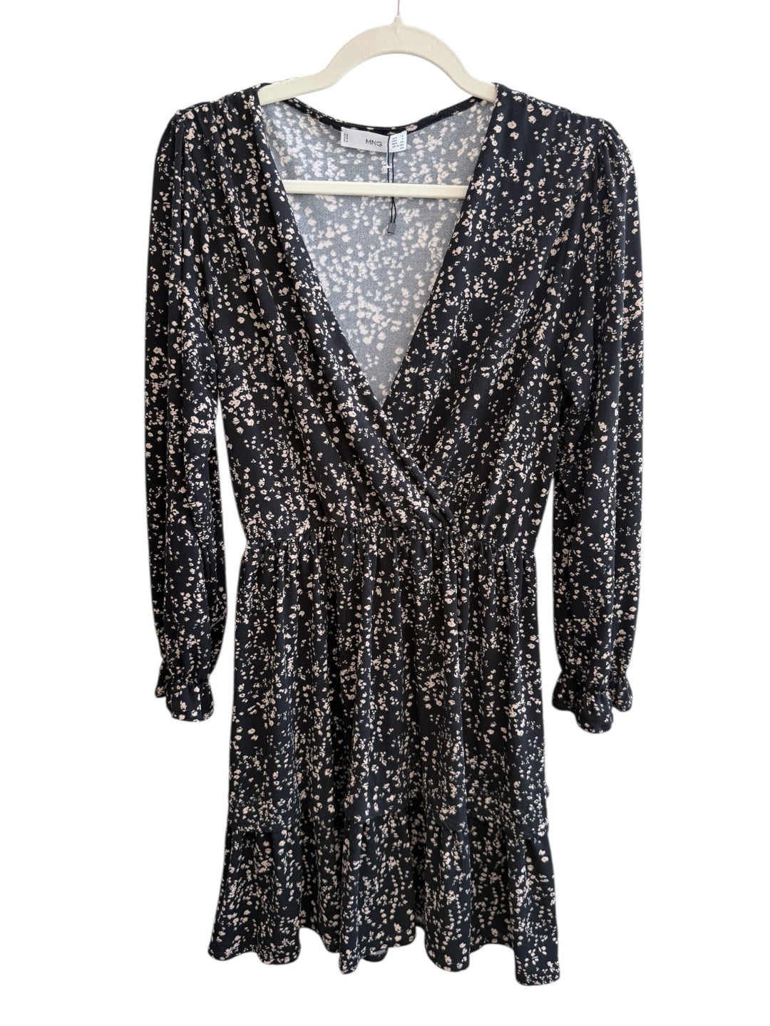 Retrend Mango black floral print wrap dress size S with smocked cuffs and elasticated waist.
