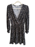 Retrend Mango black floral print wrap dress size S with smocked cuffs and elasticated waist.