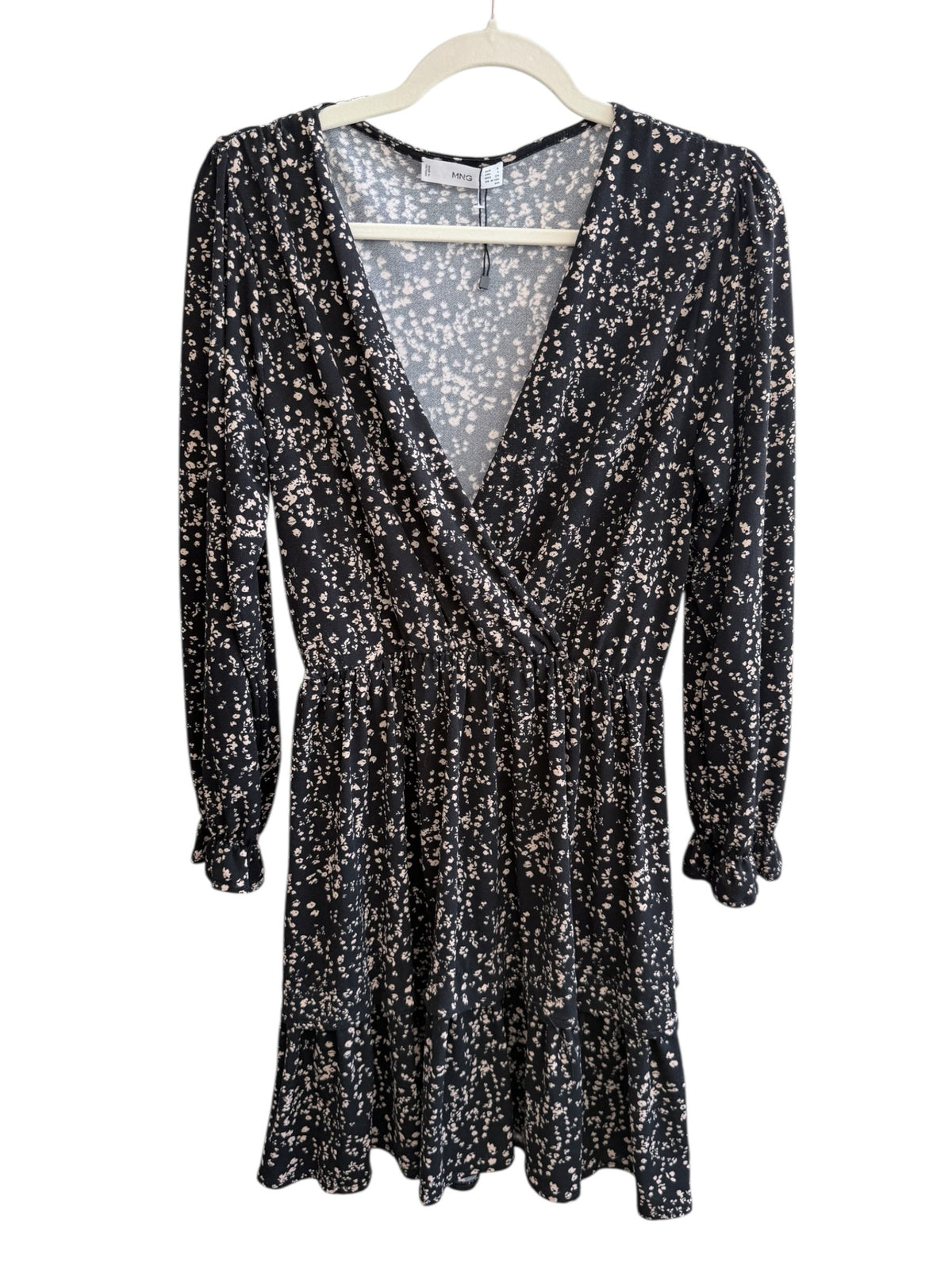 Retrend Mango black floral print wrap dress size S with smocked cuffs and elasticated waist.