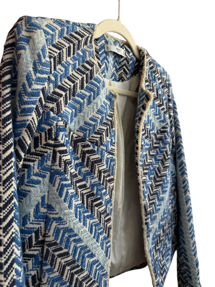 ReTrend Mango blue, white, and black chevron textured short jacket with fringe trim, size S.
