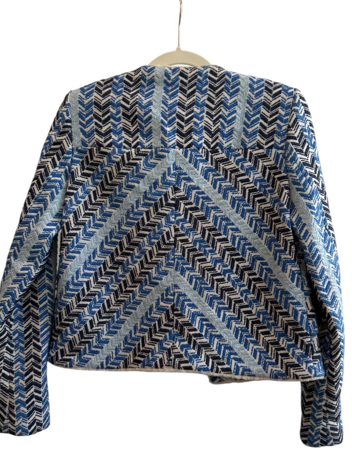 ReTrend Mango blue, white, and black chevron textured short jacket with fringe detail. Cotton, linen blend.