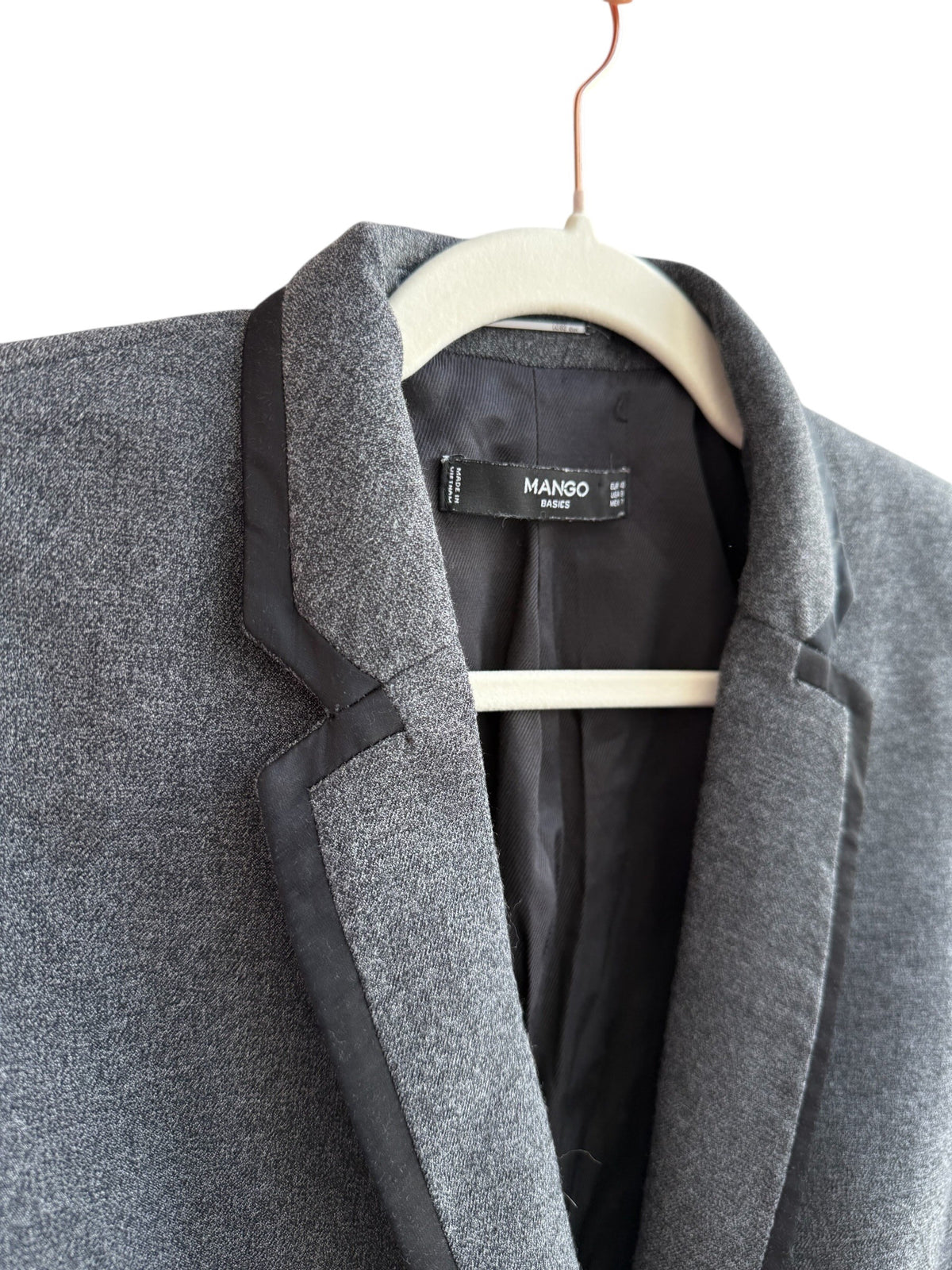 Mango grey marl tailored blazer with black satin lapel detail and button closure. Size 40.