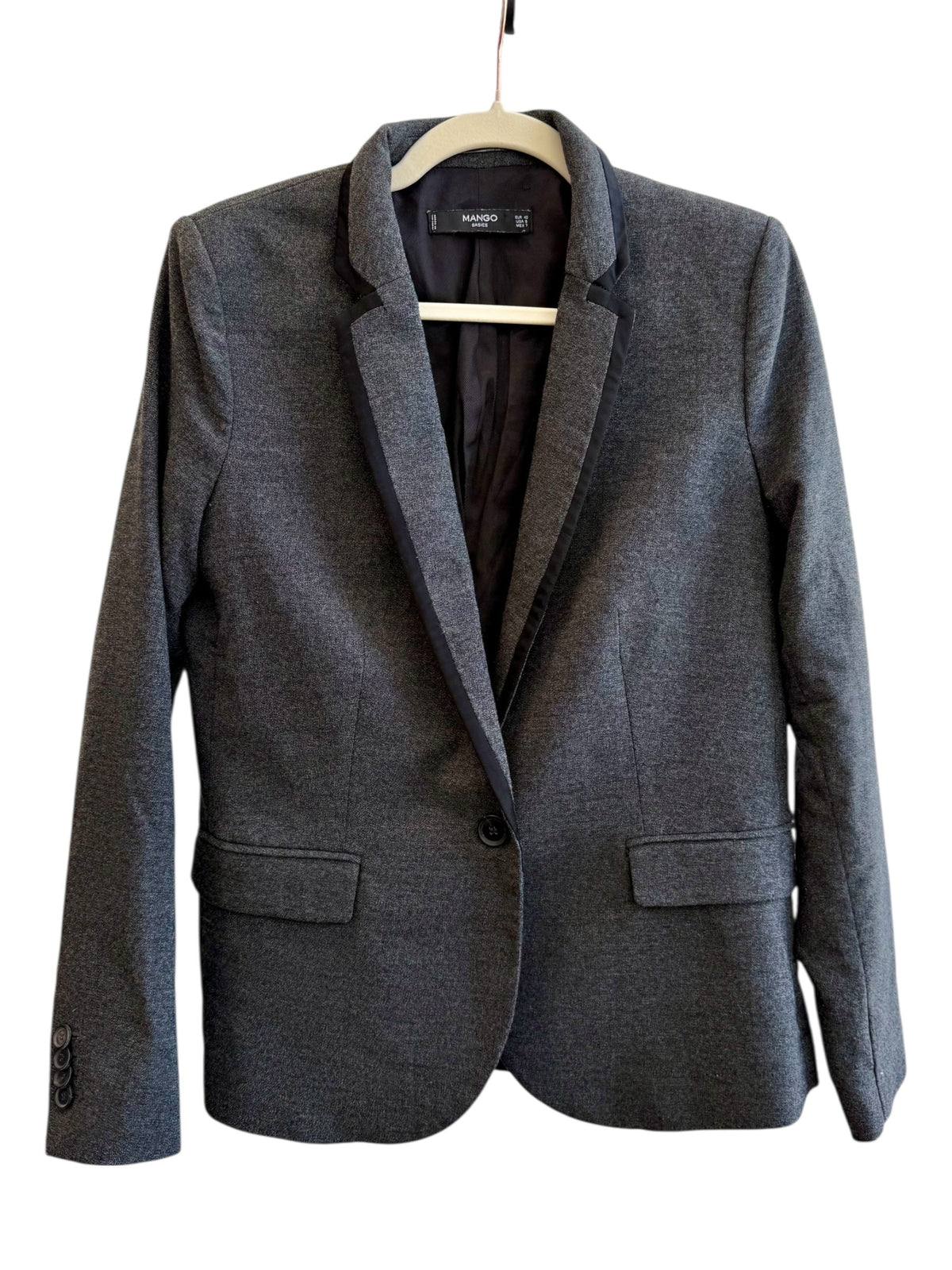 Mango grey marl tailored blazer with black satin lapel, single button closure, and flap pockets. Size 40.