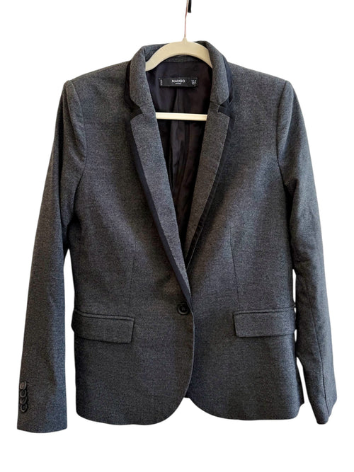 Mango grey marl tailored blazer with black satin lapel, single button closure, and flap pockets. Size 40.