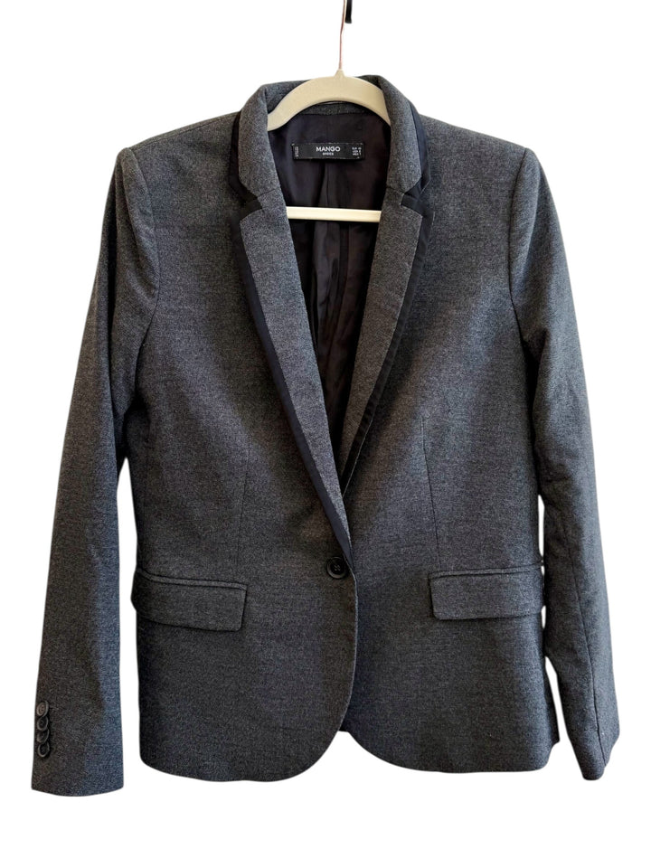 Mango grey marl tailored blazer with black satin lapel, single button closure, and flap pockets. Size 40.