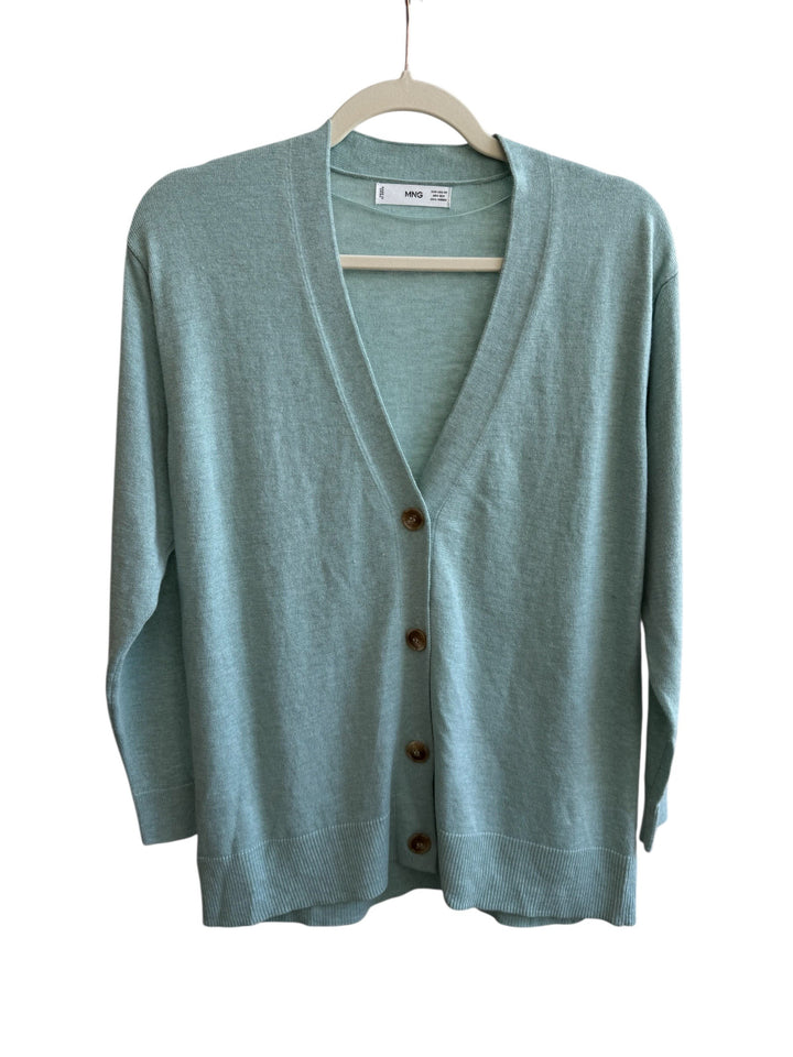 ReTrend Mango light blue V-neck fine knit cardigan with button closure, size XS.