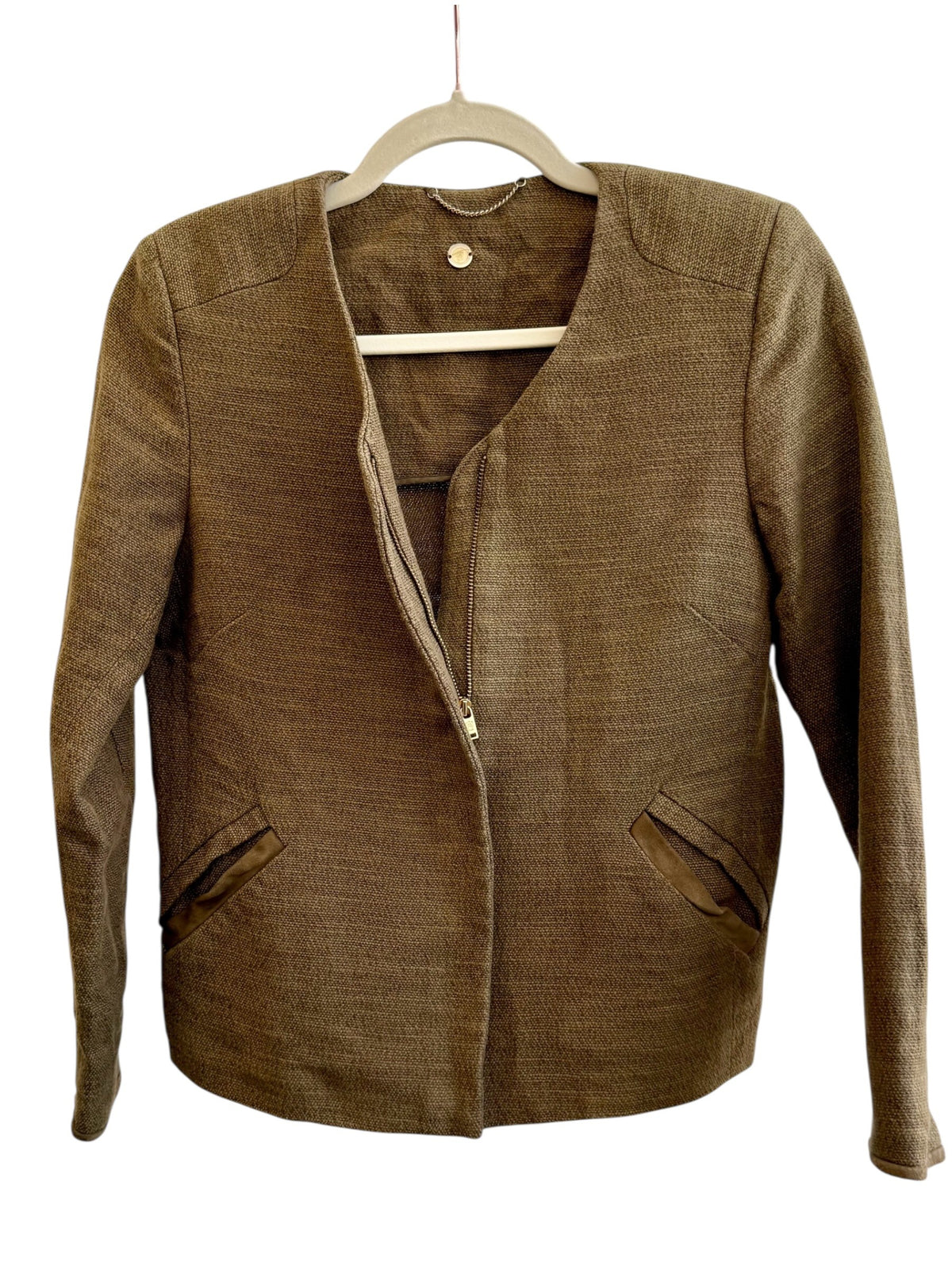 Massimo Dutti brown textured short jacket with zip closure and leather trim pockets. Size 36.