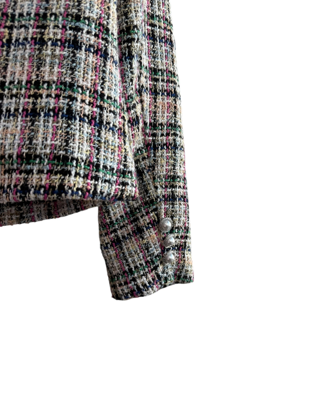 ReTrend multicolore tweed jacket size S with pearl buttons and decorative pockets, chic and timeless style.