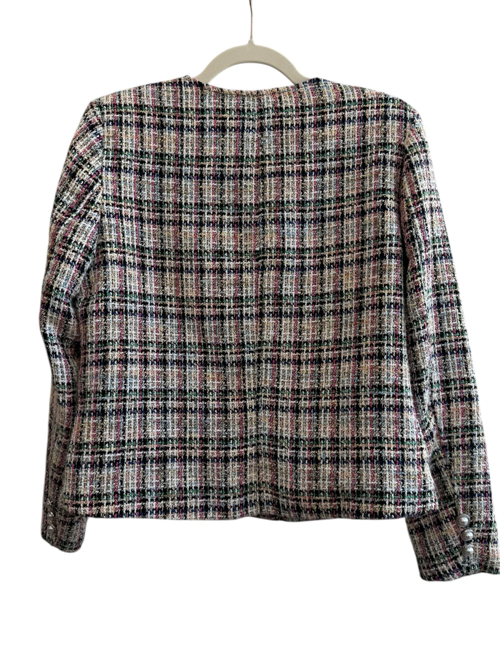 ReTrend multicolore tweed jacket, size S, with pearl button details and decorative pockets. Chic, timeless style.