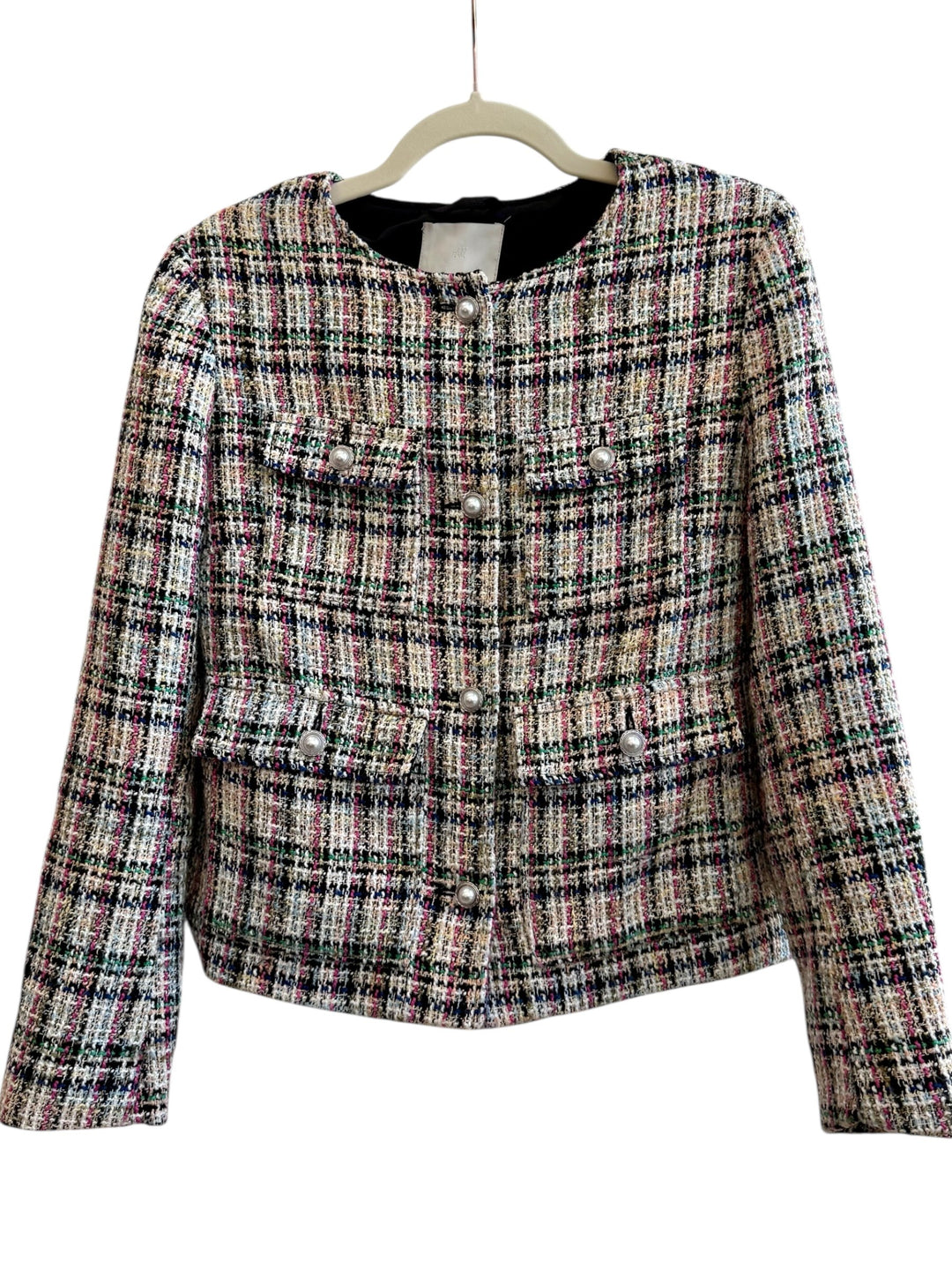 ReTrend multicolore tweed jacket, size S, with pearl button details and decorative pockets. Chic, timeless style.