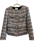 ReTrend multicolore tweed jacket, size S, with pearl button details and decorative pockets. Chic, timeless style.