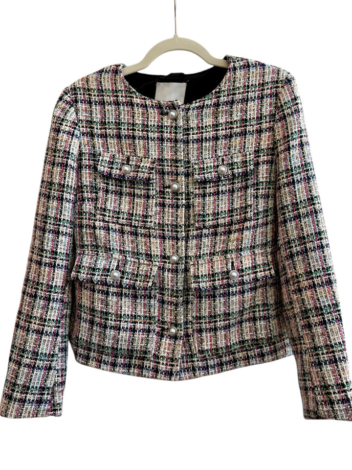 ReTrend multicolore tweed jacket, size S, with pearl button details and decorative pockets. Chic, timeless style.