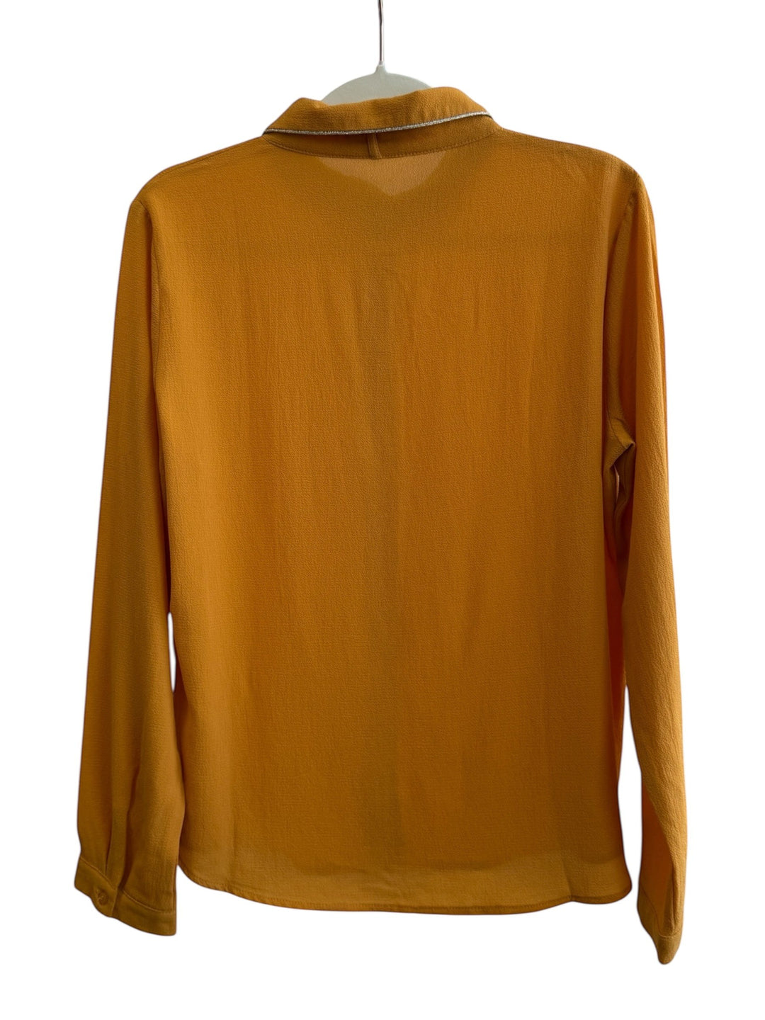 Retrend mustard yellow polyester blouse with rounded collar and silver trim, size L.