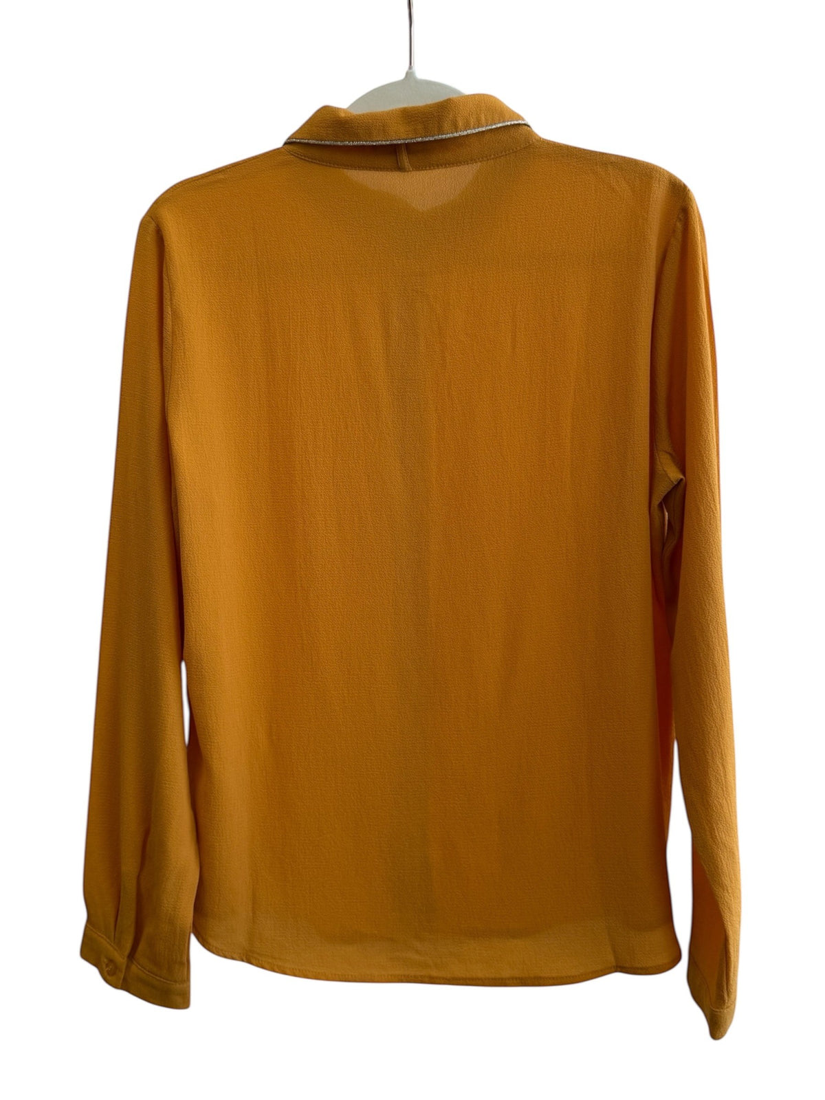 Retrend mustard yellow polyester blouse with rounded collar and silver trim, size L.