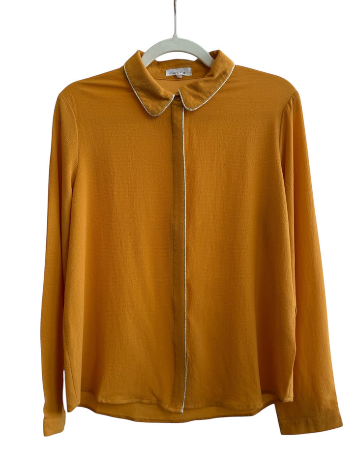 ReTrend mustard yellow polyester blouse with rounded collar and silver trim, size L.