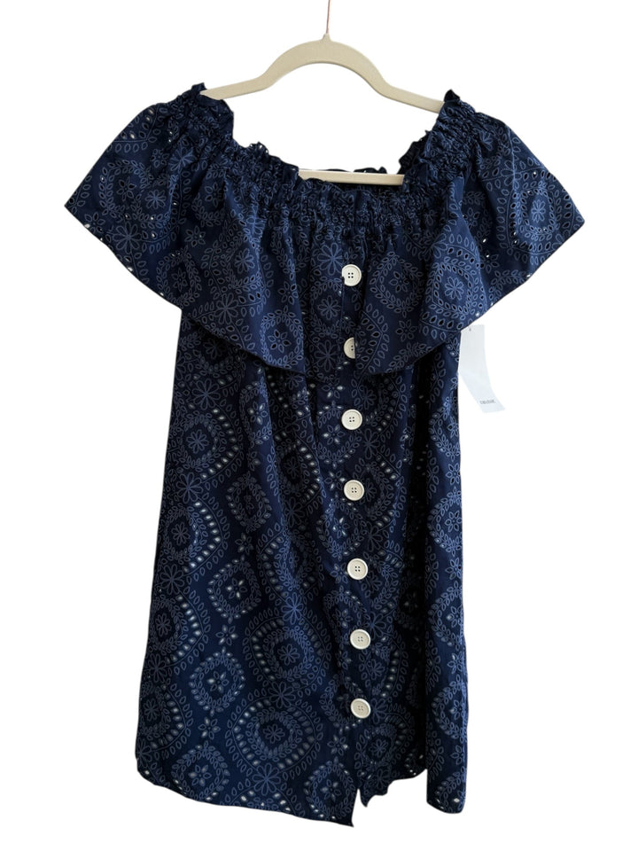 Retrend navy blue cotton eyelet dress with off-the-shoulder neckline, ruffled trim, and white button details. Size S.