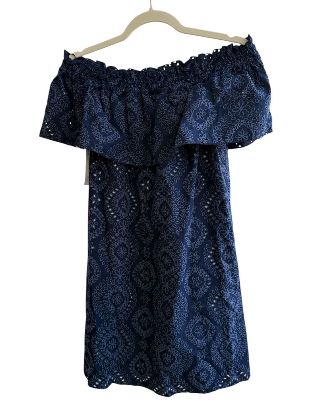 Retrend navy blue eyelet cotton blend off-the-shoulder dress with ruffled neckline and floral pattern, size S.