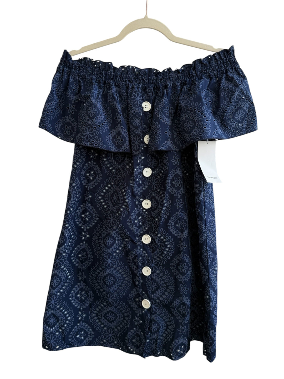Retrend navy blue cotton blend off-the-shoulder dress with eyelet embroidery and white button details. Size S.