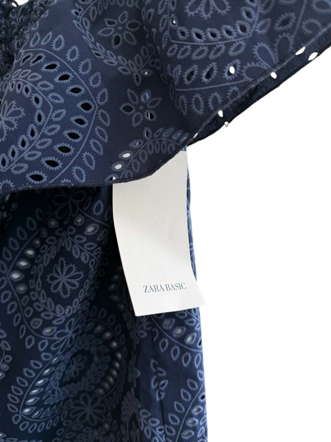 Retrend navy blue cotton broderie anglaise dress, size S, with buttons and a bohemian summer style.