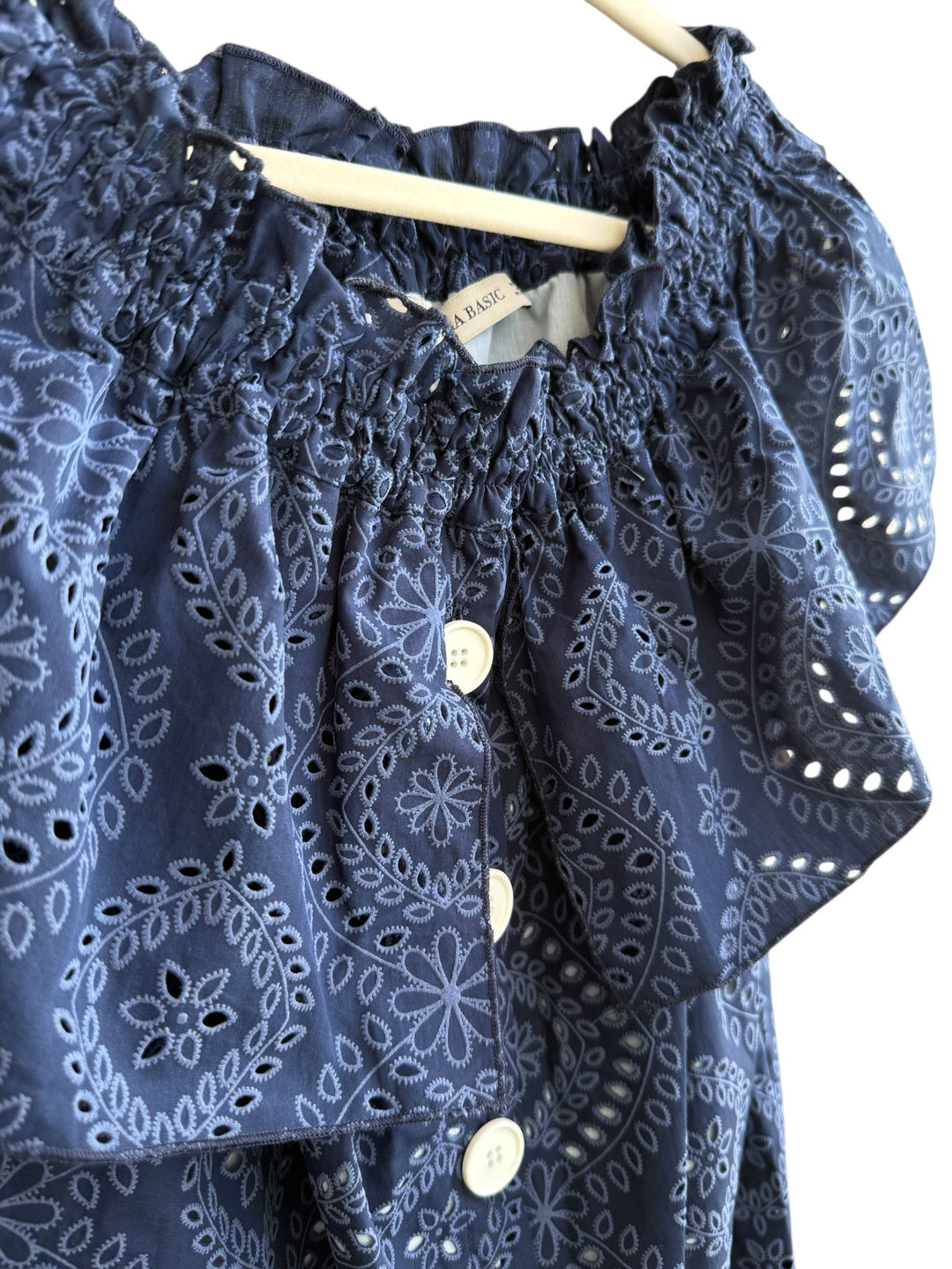 Retrend navy blue cotton broderie anglaise dress with off-the-shoulder neckline and white buttons, size S.